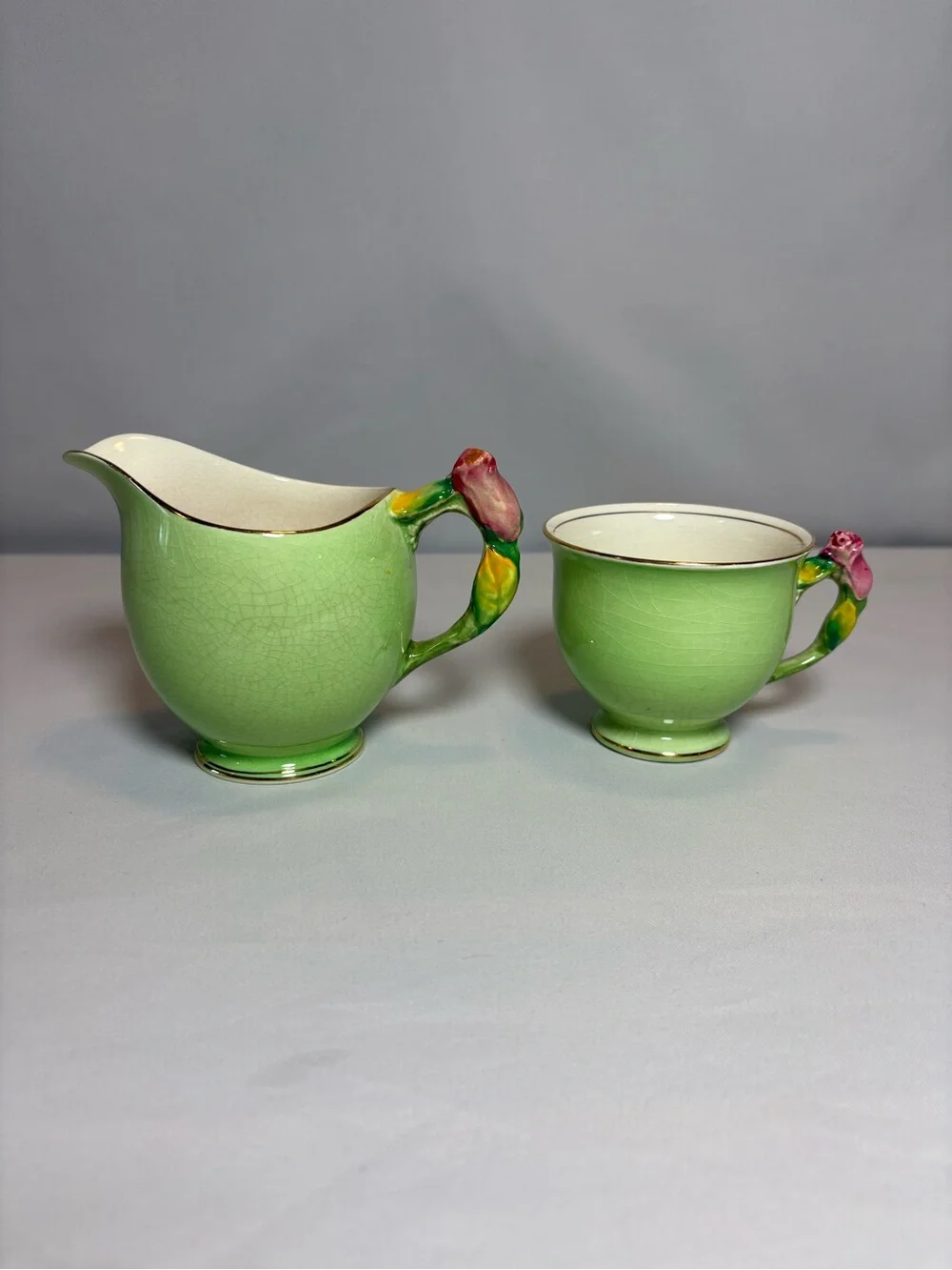 Vintage Royal Winton Grimwades Tiger Lily green creamer and sugar bowl set 1940s